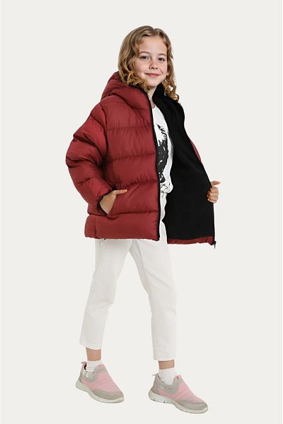 Montland Girl's Burgundy Fleece Hooded Waterproof Wind Resistant Pocket Inflatable Winter Coat