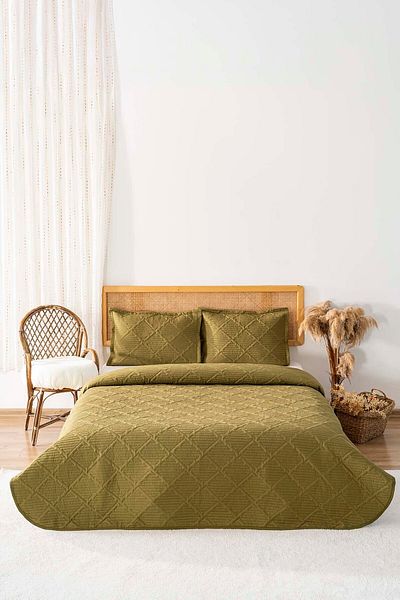 Rivaİstanbul Edda Khaki Embroidered Double Bedspread Set 3 Piece Sleeping Set