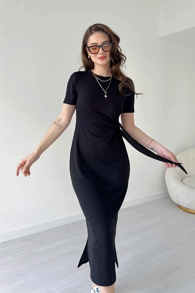 Modayakamoz New Season Women's Side Tie Modal Fabric Dress with Side Slits