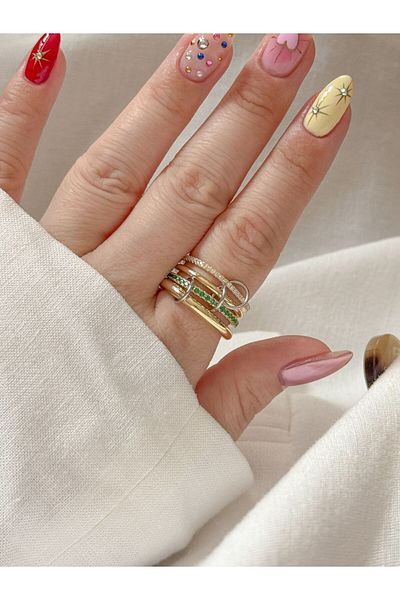 CHARMLUCKY Steel Green Stone 4-Piece Ring