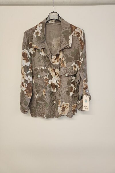 della moor Mink Women's Italian Rose Patterned Foldable Long Sleeve O Oversized Linen Shirt