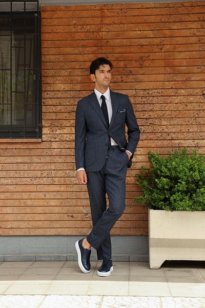 AEK FIORE Men's Navy Blue Striped Linen Suit