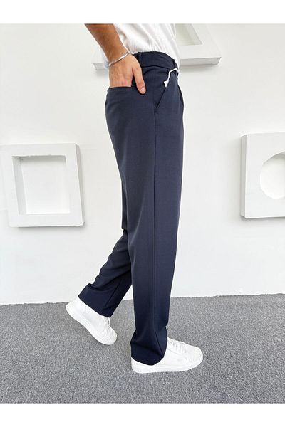 Butik Pleated Baggy Fabric Trousers Navy Blue