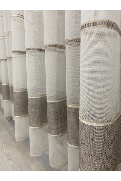İNCİLİFE Ecru Ground Coffee Tone Horizontal Stripes 1/2.5 Medium Regular Pleated Tulle Curtain