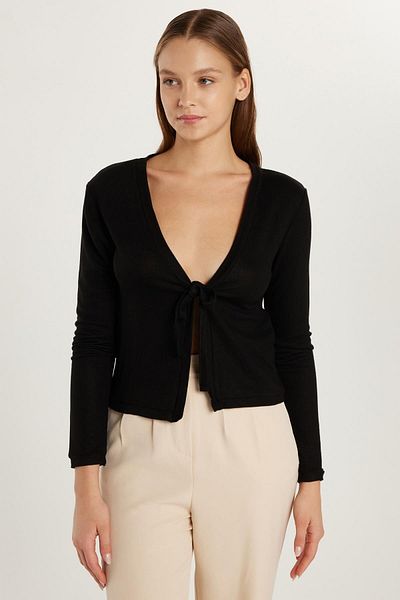 Tudors Women's Slim Fit Slim Fit Tie-Up Long Sleeve V-Neck Black Cardigan