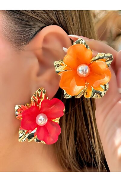 MyladyAccessoriess أقراط ديزي ملونة مرصعة باللؤلؤ باللون البرتقالي