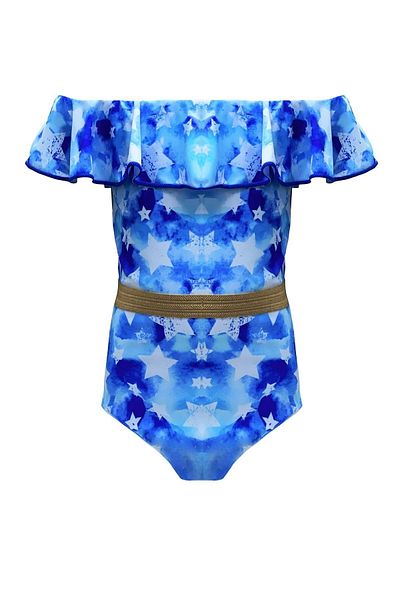 LOOK ME Imprimat cu stele - Costum de baie pentru fete cu decolteu barcă cu detaliu curea aurie 50 Uv By Nessi Byrd