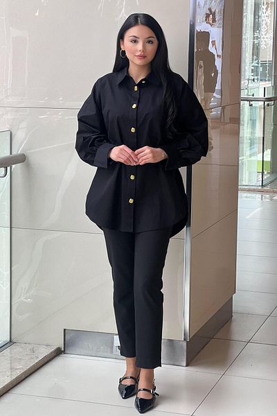 Ghisa Gold Button Cuff Bat Sleeve Cotton Shirt