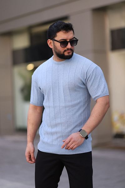 Trendseninle Baby Blue Crew Neck Embossed Knitwear Πλεκτό κοντομάνικο μπλουζάκι
