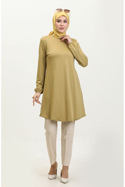 sefamerve Saffron Colorful Crepe Tunic - Απλό μανίκι και ελαστική άκρη 8709-04