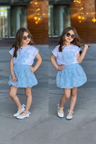 Minigimin Cicileri My Little Girl's Cicileri Girl's Suit with Sequin Flower Detailed Tulle Skirt - Blue