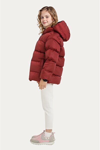 Montland Kız Çocuk Bordo İçi Polarlı Kapüşonlu Su Geçirmez Rüzgara Dayanıklı Cepli Şişme Kışlık Mont