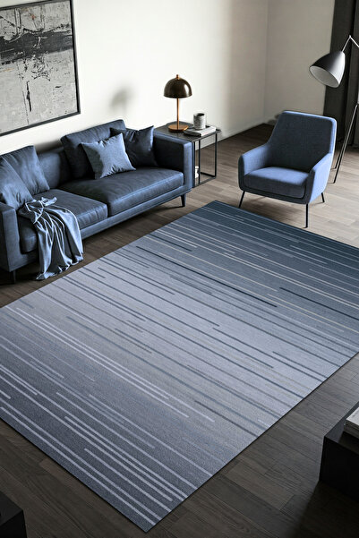 The Reef Design Çizgili Modern Desenli Mavi Halı Dijital Baskılı Dokuma Kaymaz Tabanlı Yıkanabilir Salon Halısı