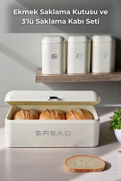 Sevinse Home Cream Metal Bread Box and Three Tea Coffee Sugar Storage Container
