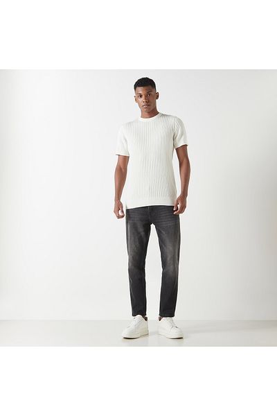 FAV Ribbed Crew Neck Sweater with Short Sleeves