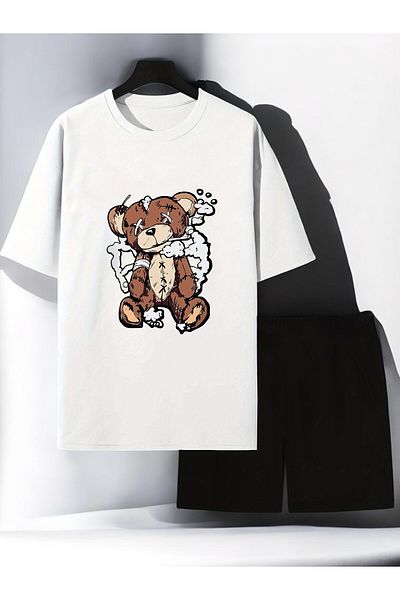 uyguntarz Unisex X Bear Design bedrucktes T-Shirt-Shorts-Set