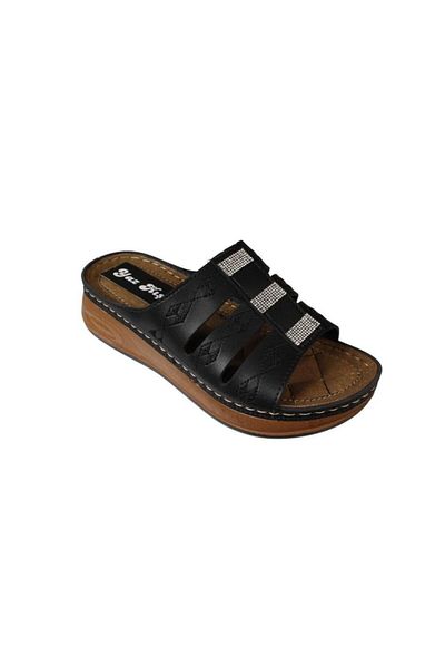 Yaz Kış Ayakkabı Yazkiş Women's Black Cream Skin Thick Sole Comfort Sole Slippers with Stones