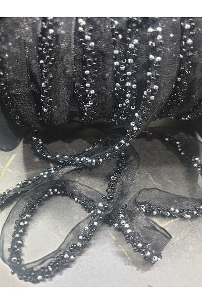 ESRA ŞELEM Black-Silver Beaded Black Tulle Bias Decorative Ribbon Applique 1 Meter Accessory Hobby