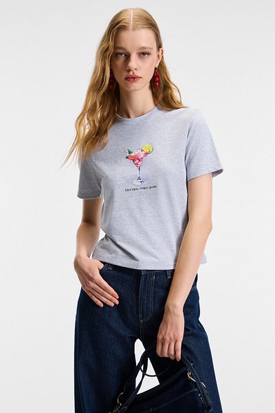 GRIMELANGE Ivonne Women Cocktail Print Pattern Short Sleeve Organic Cotton Crew Neck Crop Grimelange T-Shirt