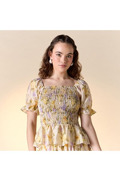 FAV Floral Print Square Neck Top with Puff Sleeves