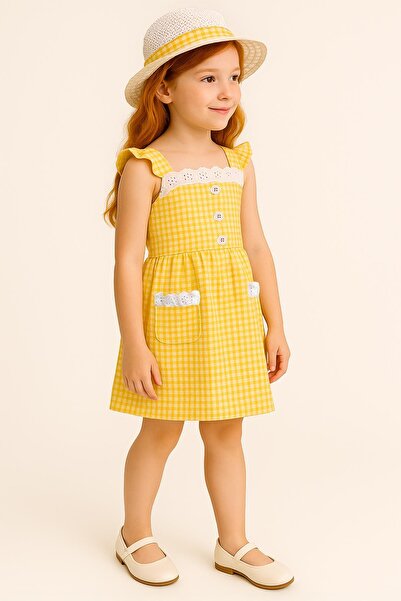 Perendi Κοριτσίστικο φόρεμα με καπέλο με σχέδιο Pitikare κίτρινο - Βαμβακερή χτενισμένη φόδρα