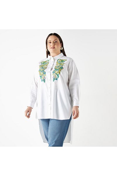 FAV Plus Size Floral Embroidered High Low Shirt with Long Sleeves