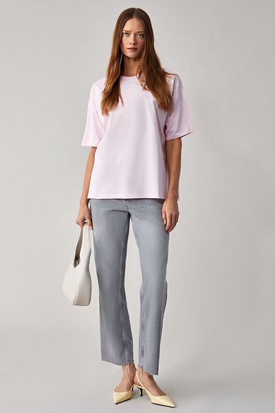 GRIMELANGE Lagerta Women's 100% Organic Cotton Thick Textured Oversize Fit Round Neck Light Pink T-Shirt