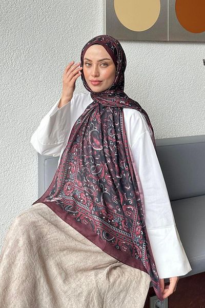 lamelif Retro Pattern Soft Shawl Black Burgundy