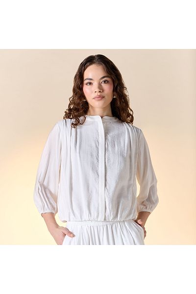 FAV Pleat Detail Mandarin Collar Top with 3/4 Sleeves
