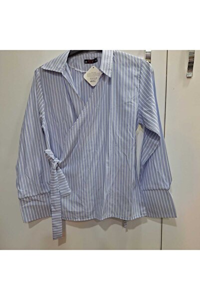 NUR TEKSTİL Kadın buz mavisi Çizgili Kruvaze Yaka Yandan Bağlamalı Poplin Gömlek