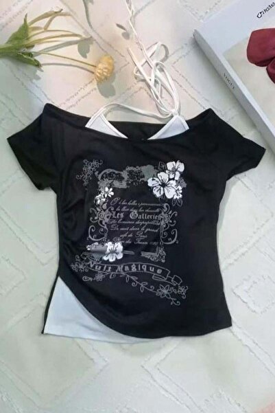 Karakedi Nuit Magique Flowers Μαύρη μπλούζα με πρόσθετο λουράκι κοντομάνικο ε...