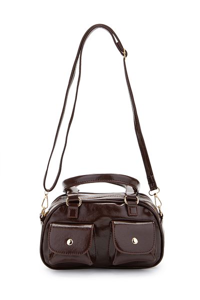 minebag Double Pocket Detailed Faux Leather Women's Crossbody Bag Vera Brown