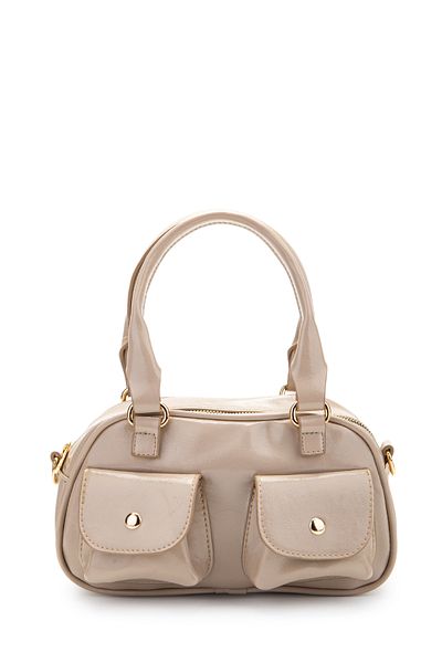 minebag Double Pocket Detailed Faux Leather Women's Crossbody Bag Vera Mink