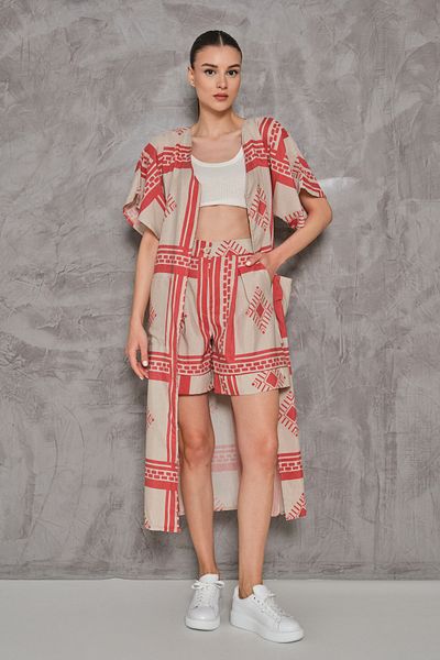 SHUGAA Women's Ethnic Pattern Summer Linen Kimono Suit with Shorts