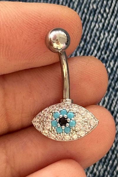 TAKIŞTIR Silver Color Eye Figured Stone Detailed Surgical Steel Belly Piercing
