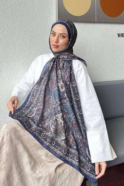 lamelif Retro Pattern Soft Shawl Navy Blue