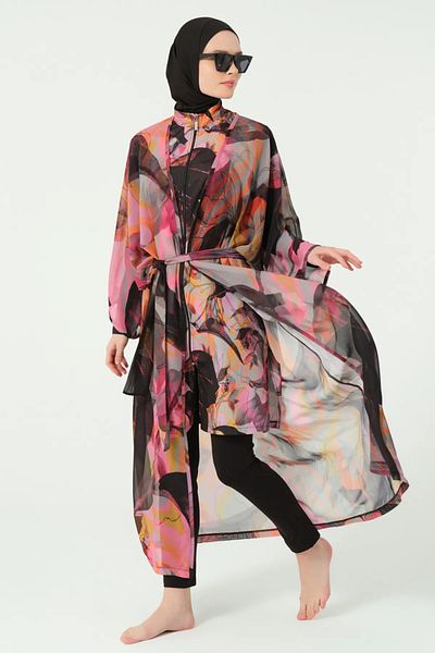 Bordomix 7183 Women's Black Patterned Belted Long Pareo - Beach Dress