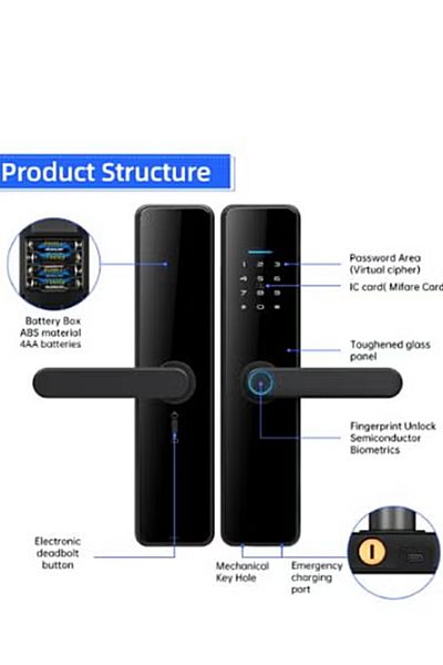 DarTech Dartek Smart Lock 5 Ways to Unlock with Fingerprint, Padlock, Key, Card, App Fits Any Door, Global Version, Home System Black