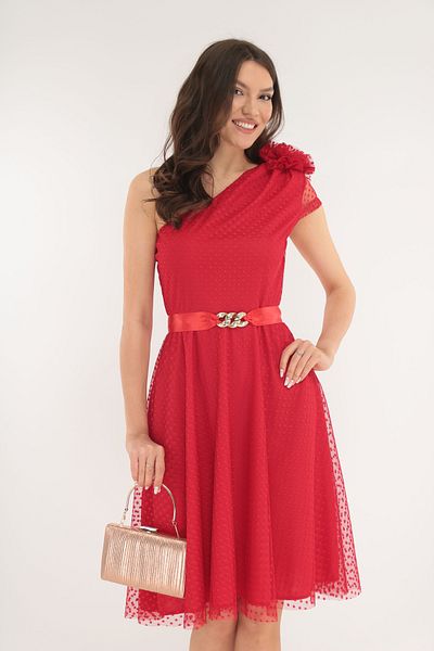 Vanessa Line RO Red tulle occasion dress with polka dots and maxi flower on the shoulder