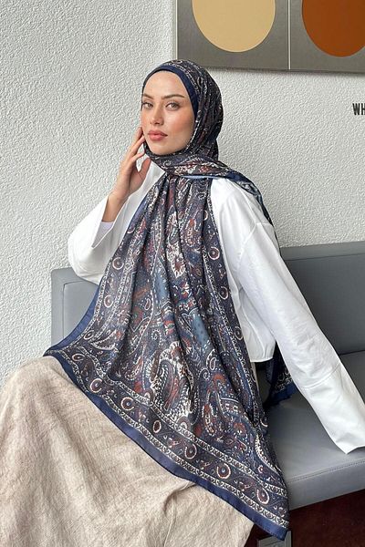 lamelif Retro Pattern Soft Shawl Navy Blue