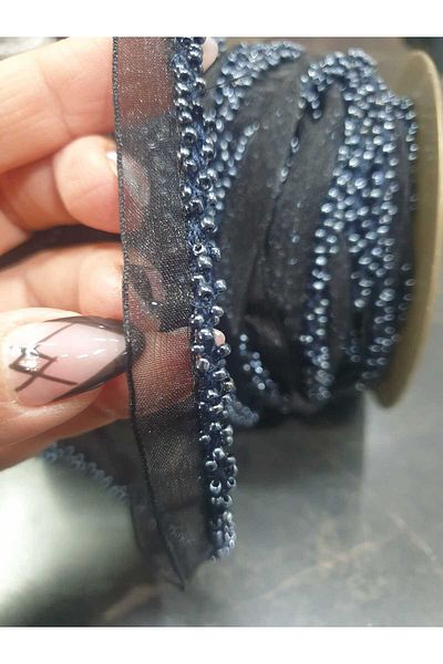 ESRA ŞELEM Navy Blue Tulle Bias Beaded Decorative Ribbon Sewing Accessory Applique Hobby