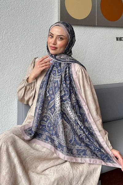 lamelif Retro Pattern Soft Shawl Navy Blue Mink