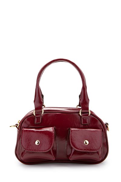 minebag Double Pocket Detailed Faux Leather Women's Crossbody Bag Vera Claret Red