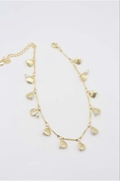 MODA Gold Color Pearl Look and Shell Detailed Steel Anklet