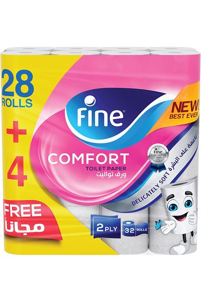 FINE Comfort, Absorbent, Sterilized, Soft, Flushable Toilet Paper, 2 Plies, Pack of 32 Rolls