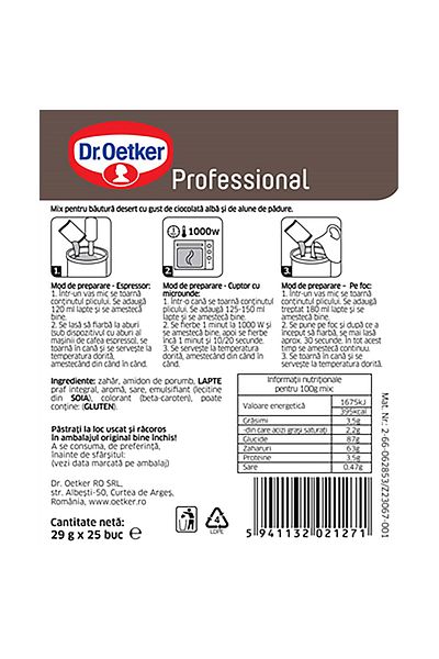 Dr. Oetker Ciocolată caldă albă cu alune de pădure profesionale, Dr. Oetker, 29 g x 25 buc.