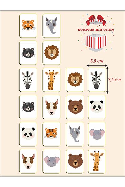 karbonsoft Zeka Kartları Eşleştirme Oyunu Sevimli Hayvan Hafıza Kartı Ahşap Eğitici Puzzle Oyuncak (5,5X7,5 CM)