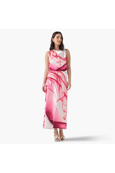 Iconic Printed Sleeveless Cowl Neck Top with Metal Accent