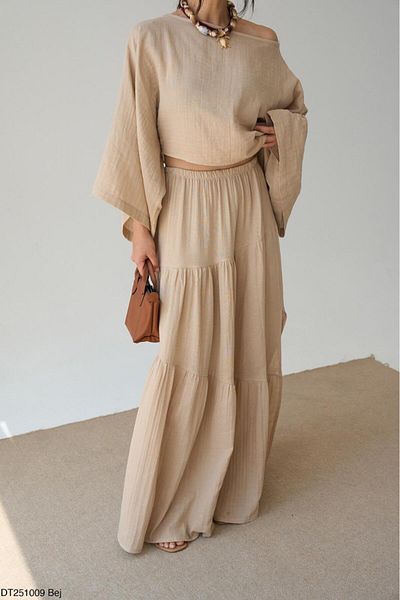 Lupies Women's Beige Blouse-Skirt Linen Set
