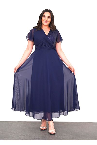 Şirin Butik Women's Navy Blue Large Size Double Breasted Collar Short Sleeve Sequin Detailed Chiffon Evening Dress